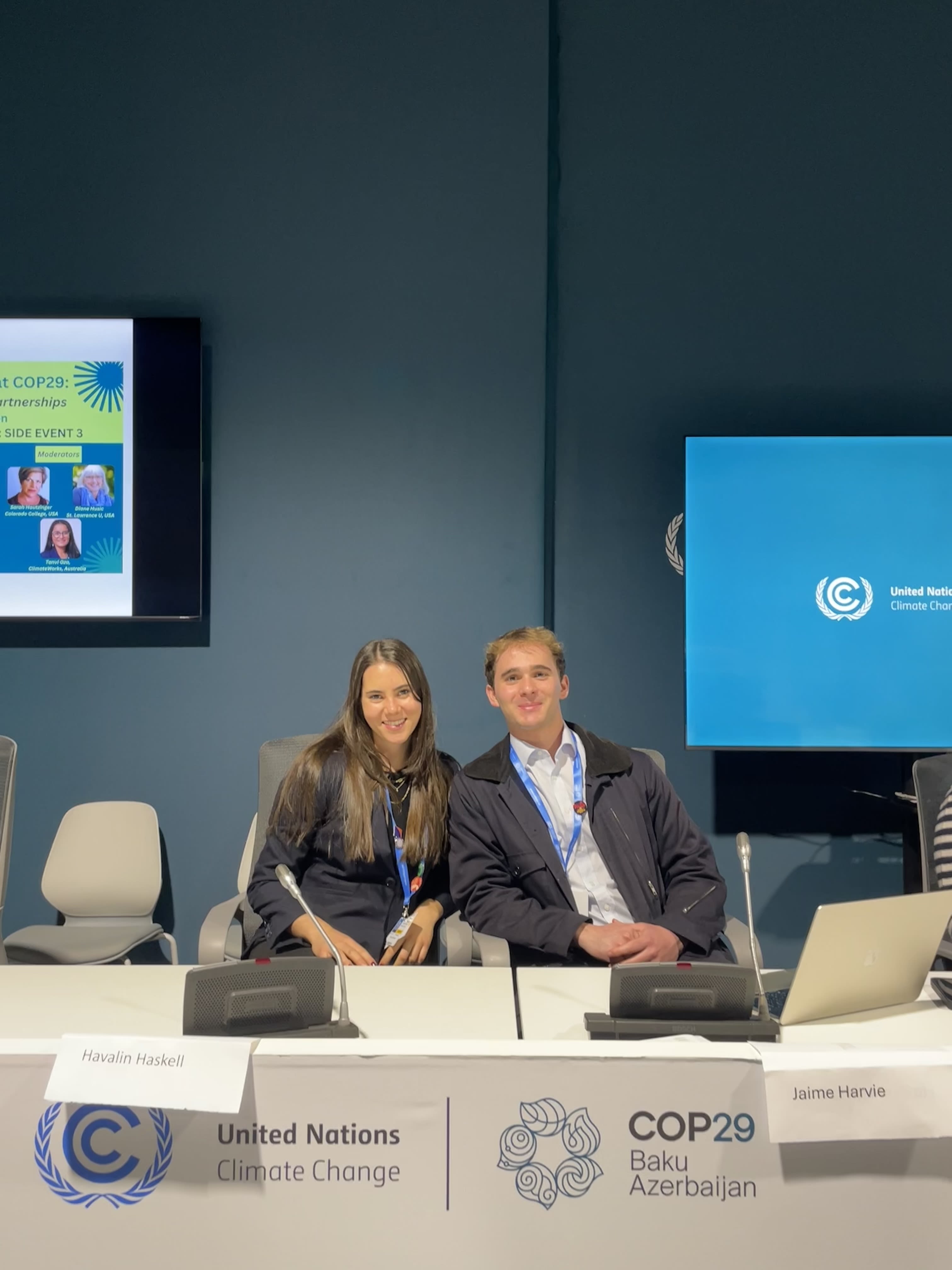 Havalin Haskell ’26 and Jamie Harvie ’25 served as panelists for YEAH's side event: Youth Capacity-Building at COP29: Mobilizing Intergenerational Partnerships through Higher Education, which focused on youth leadership in climate negotiations and actions. Dr. Sarah Hautzinger was a moderator for the panel, which took place on Nov. 19, following Youth Day on Nov. 18, 2024.