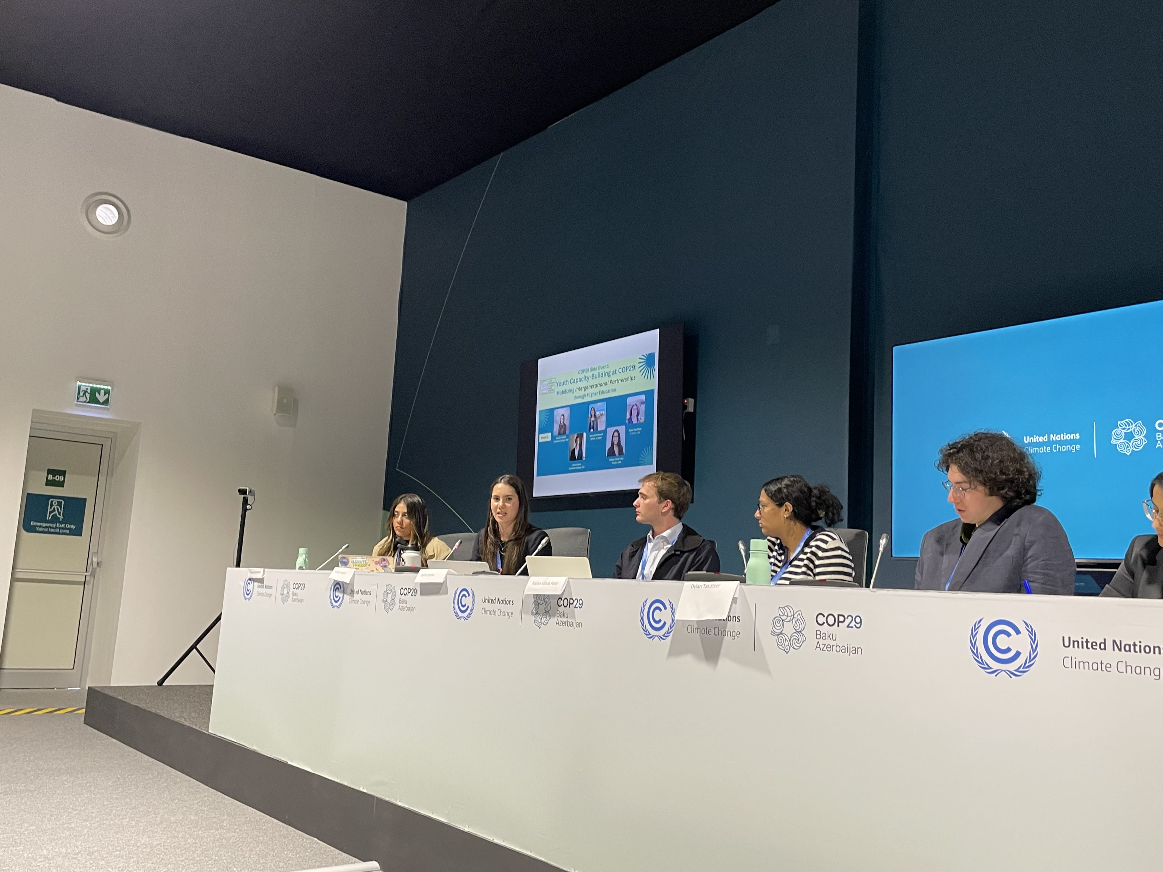 Havalin Haskell ’26 and Jamie Harvie ’25 were panelists for YEAH's side event: Youth Capacity-Building at COP29: Mobilizing Intergenerational Partnerships through Higher Education, which focused on youth leadership in climate negotiations and actions, during COP29 in November 2024. Dr. Sarah Hautzinger was a moderator for the panel, which took place on Nov. 19, following Youth Day on Nov. 18, 2024