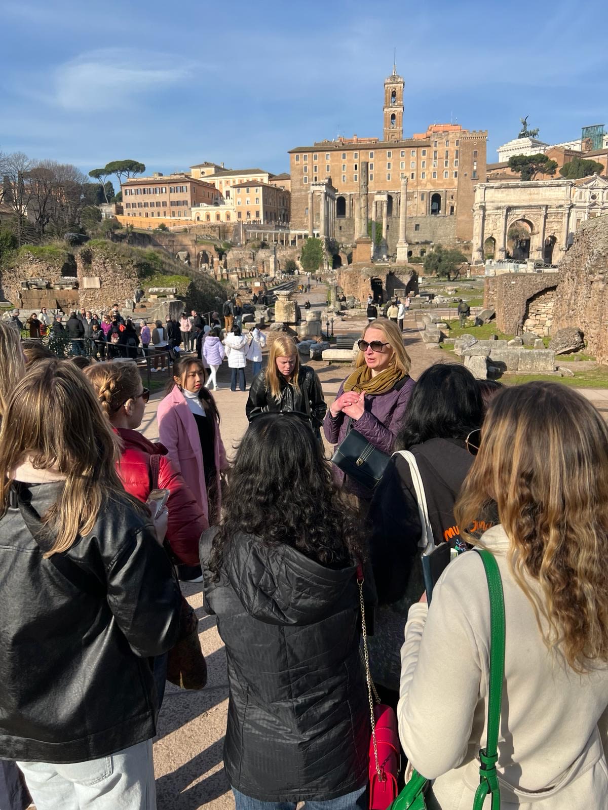 Students in the Block 5 2024 Topics in Religion: Martyrs and Saints (Italy) pictured in front of the Roman Forum, in Rome, Italy.