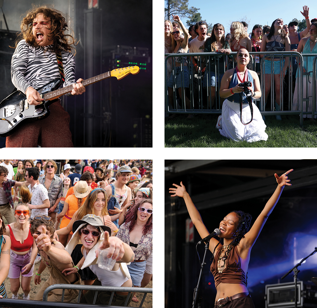 Mothe performing at Llamapalooza (top left), Ella Schuchard taking photos in front of the Llamapalooza audience (top right), dancing students at Llampalooza (bottom left), Diana Lopez performing at Llamapalooza (bottom right)