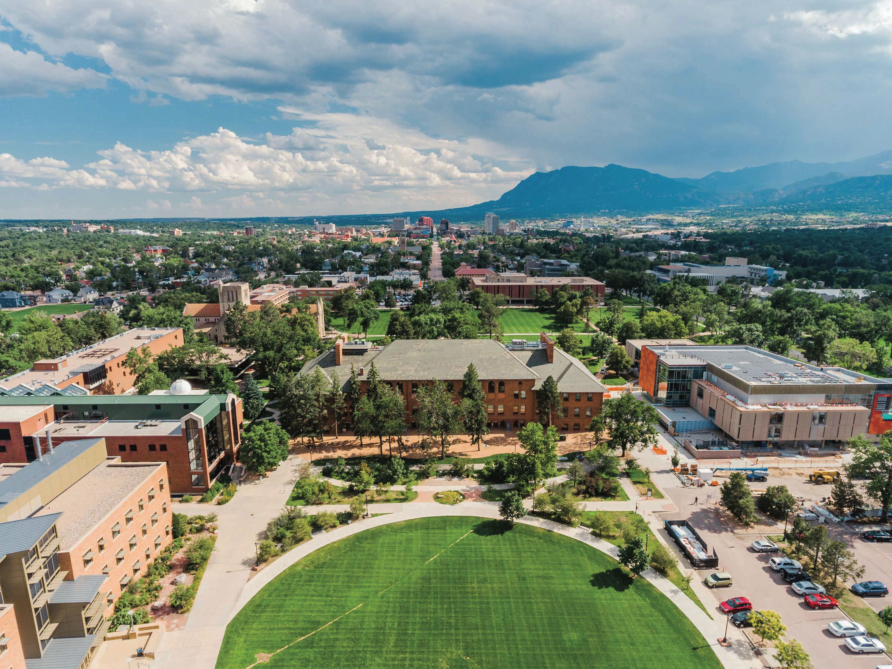 Drone aerial photo of Colorado College facing south.