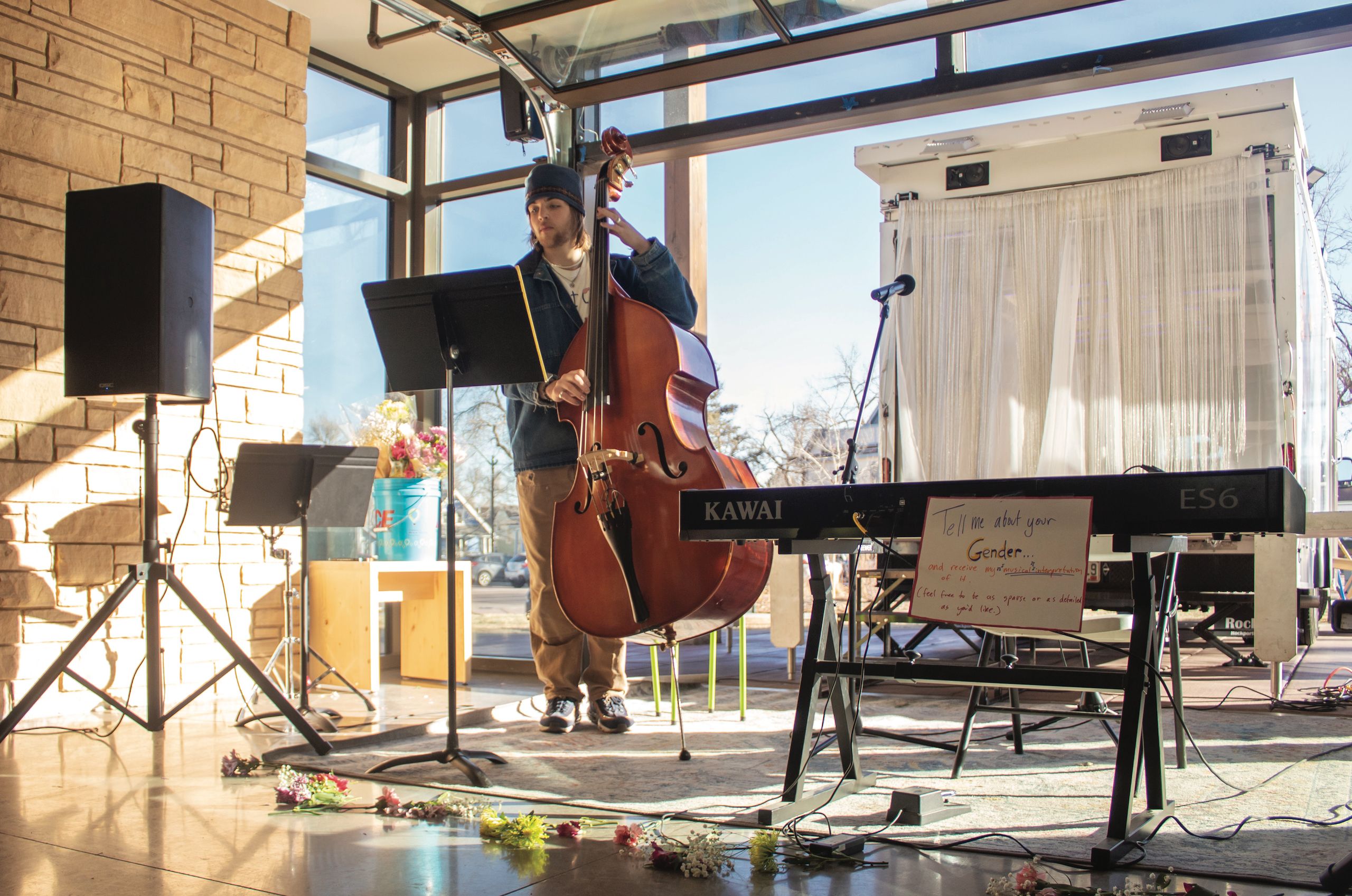 Luca Zoeller ’26, a student in the Gender, Body, and Sound class taught by Dr. Liliana Carrizo, puts on a performance to encapsulate how gender and the body interact with the musical world.