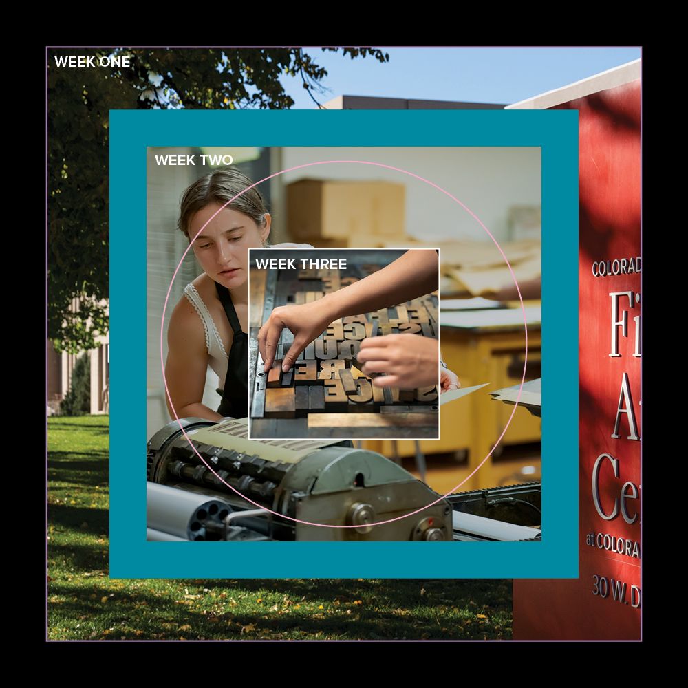 Week 1 at the Fine Arts Center, Week 2 printing tests at the Letterpress studio, week 3 setting wood type