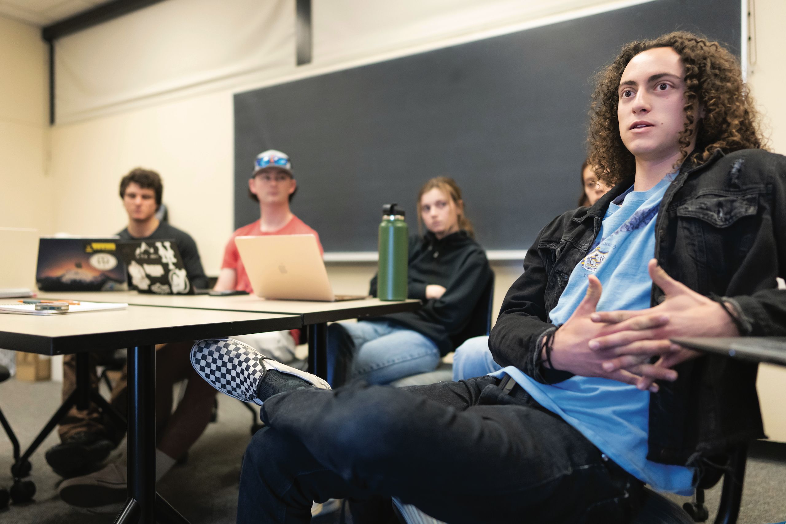 Students work as a group during Dr. Marion Hourdequin's Block 6 EV282 Contesting Climate Justice class where they debated climate policy.