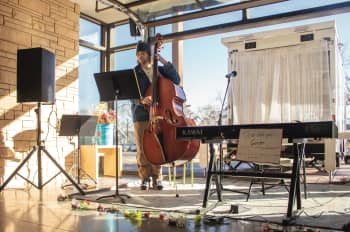 Luca Zoeller ’26, a student in the Gender, Body, and Sound class taught by Liliana Carrizo, puts on a performance to encapsulate how gender and the body interact with the musical world.